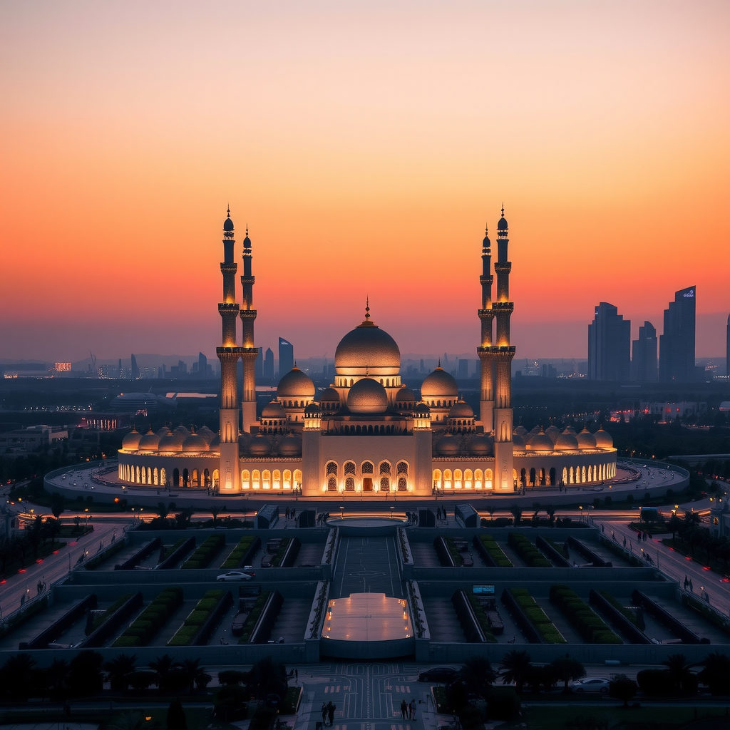 Panoramic view of the Abu Dhabi skyline with the Sheikh Zayed Grand Mosque at dusk