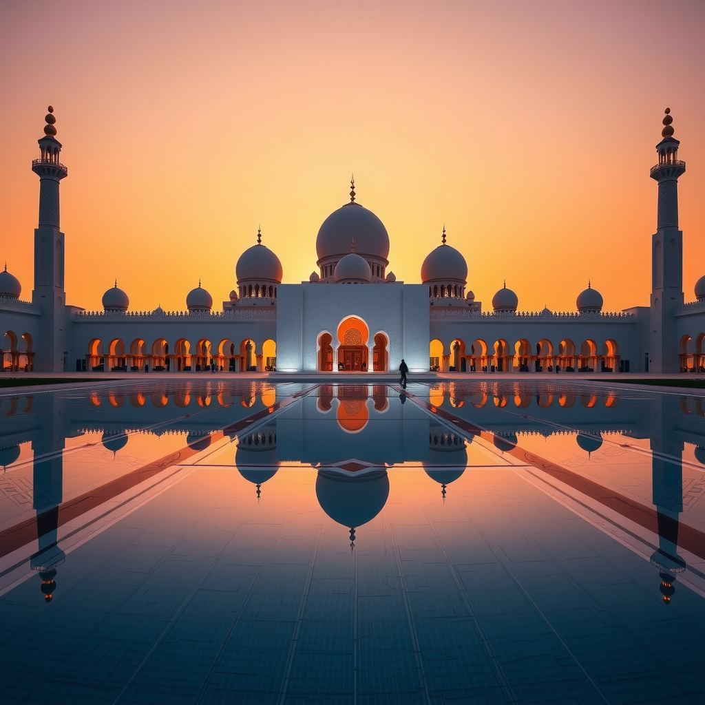 The magnificent Sheikh Zayed Grand Mosque in Abu Dhabi at sunset, with its white marble domes and minarets reflecting in the surrounding pools.