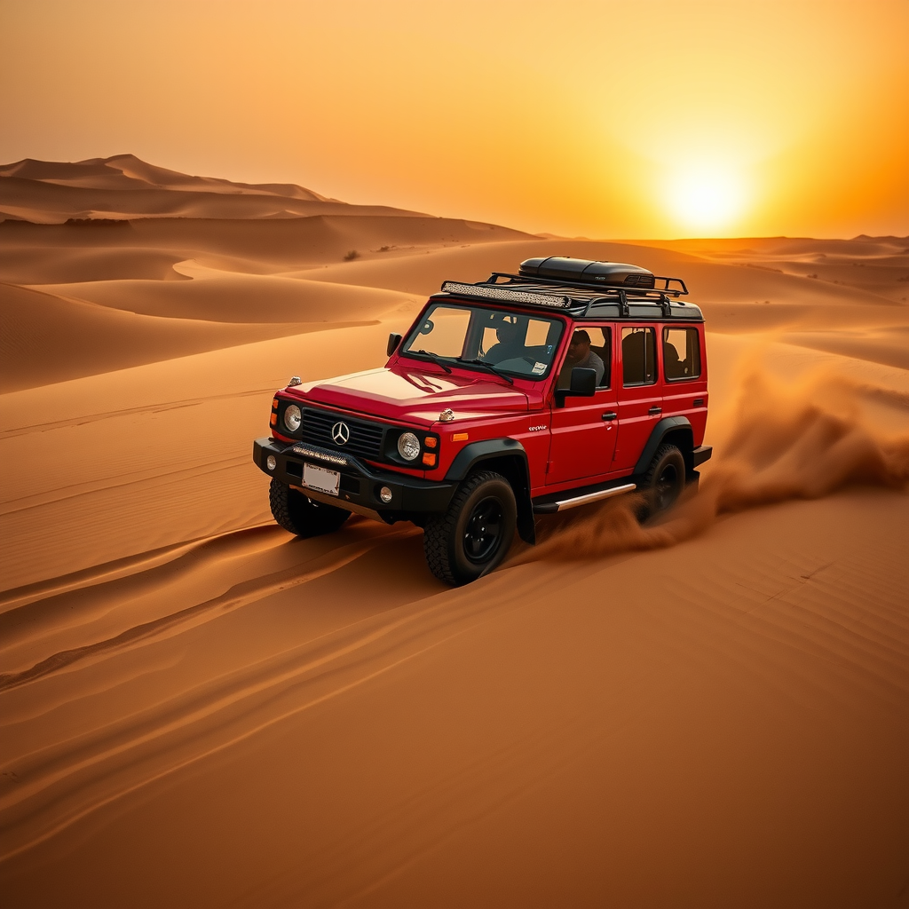 A thrilling 4x4 vehicle dune bashing in the golden sands of the Abu Dhabi desert, with the sun setting in the background.