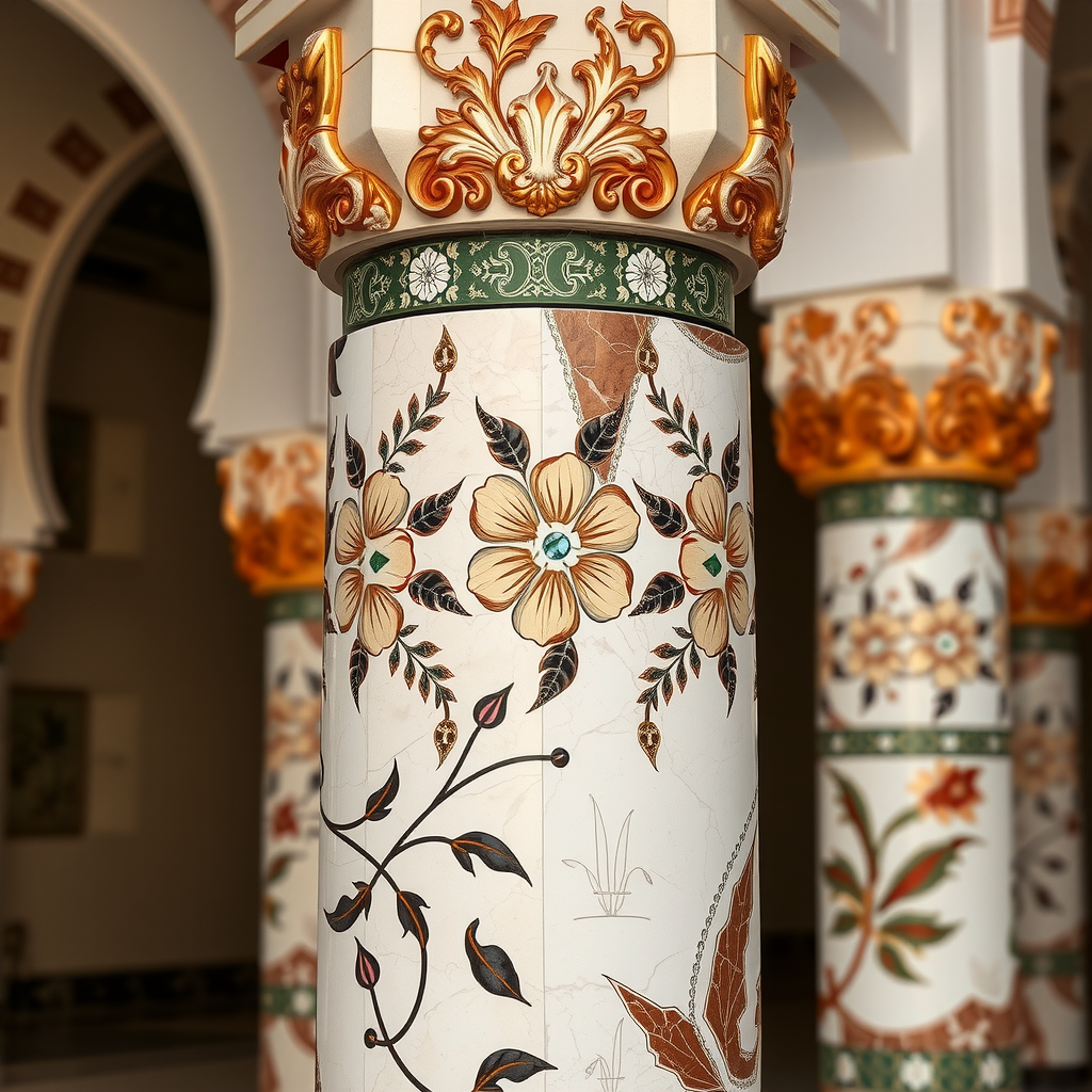 A detailed close-up of the intricate floral marble inlay on one of the columns of the Sheikh Zayed Grand Mosque, showcasing the craftsmanship and semi-precious stones used.