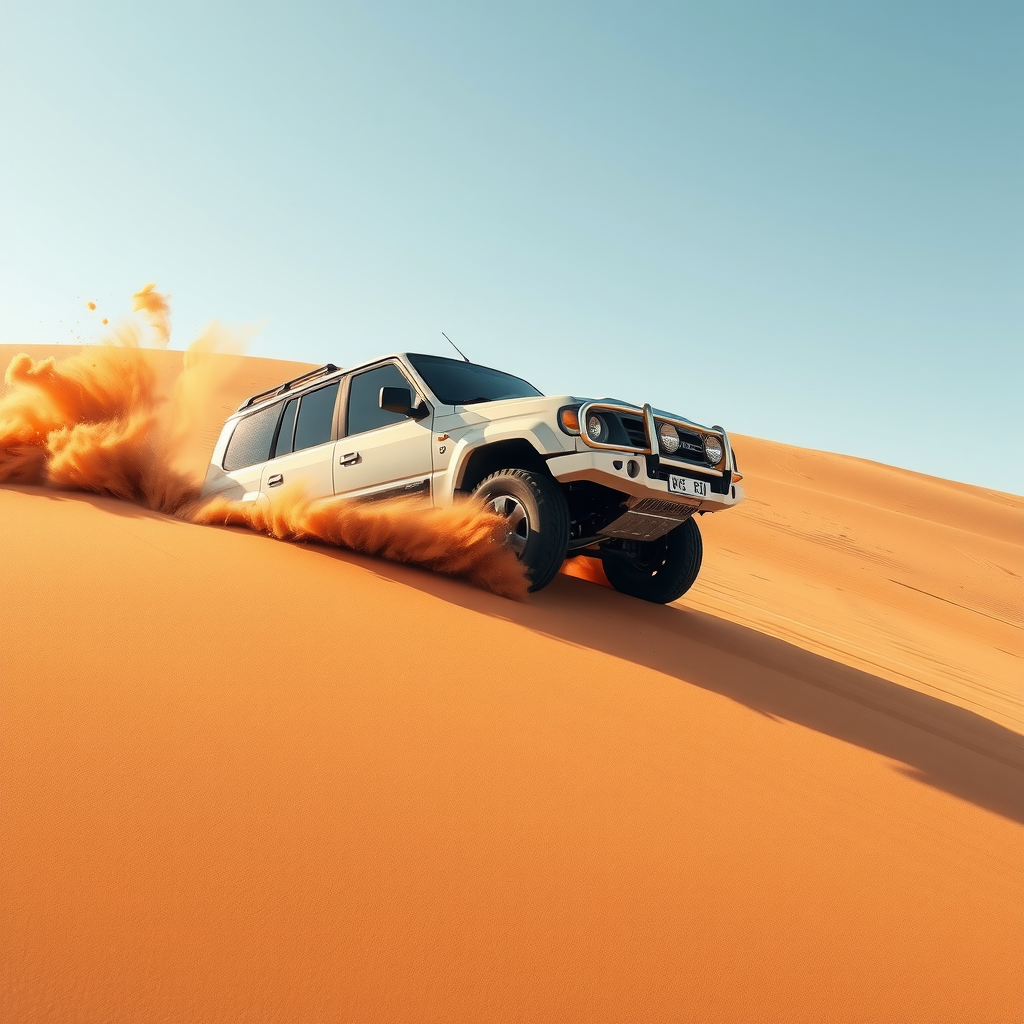 A white 4x4 vehicle kicking up sand as it expertly navigates a steep golden sand dune during a desert safari adventure.