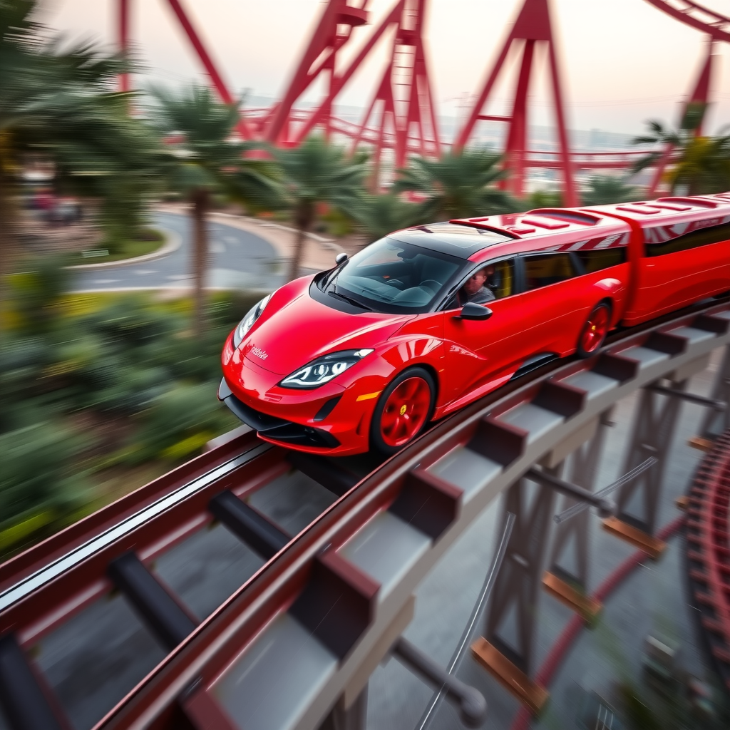 The Formula Rossa roller coaster at Ferrari World Abu Dhabi, with its sleek red train blurring against the track as it launches at high speed.