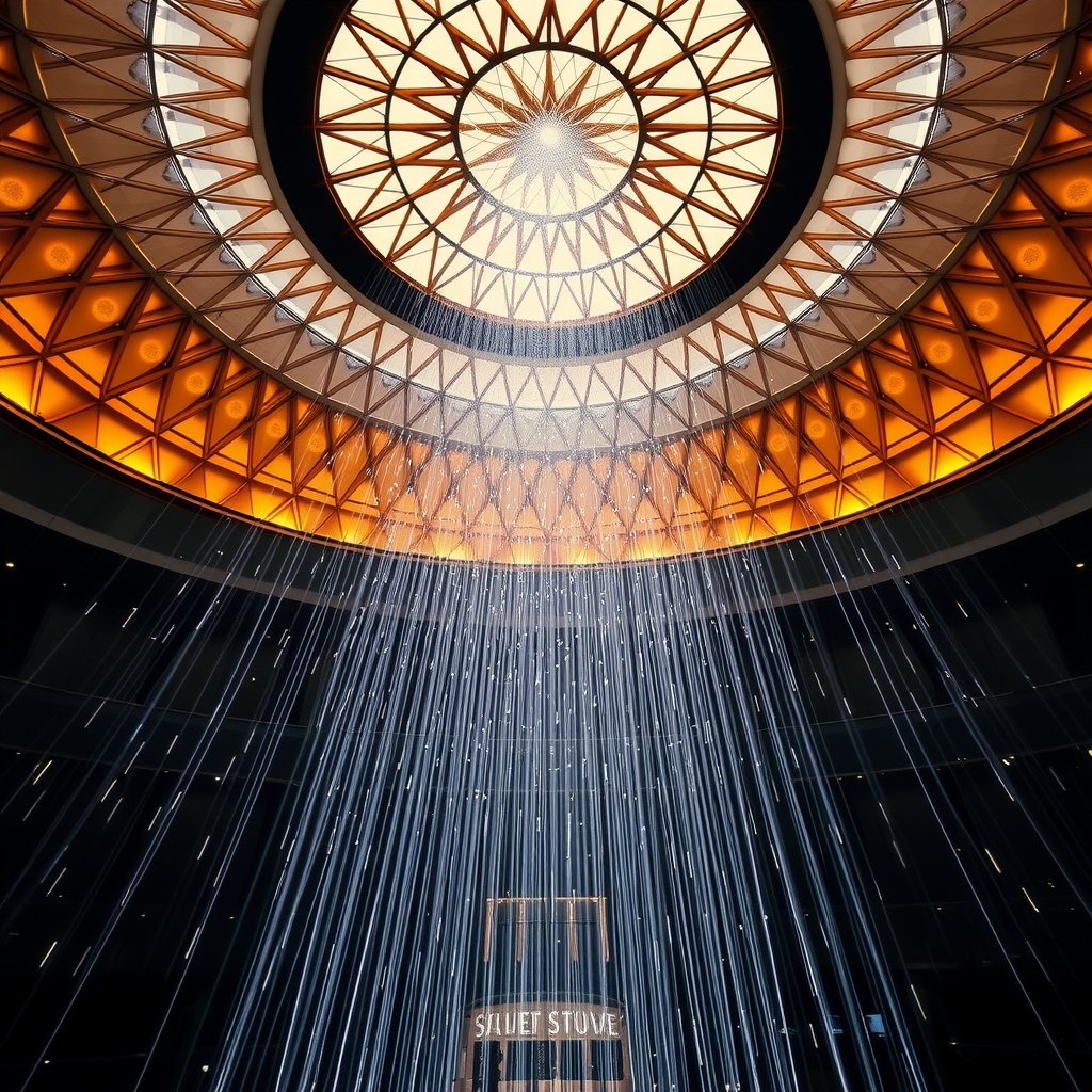 The stunning 'rain of light' effect under the intricate geometric dome of the Louvre Abu Dhabi museum.
