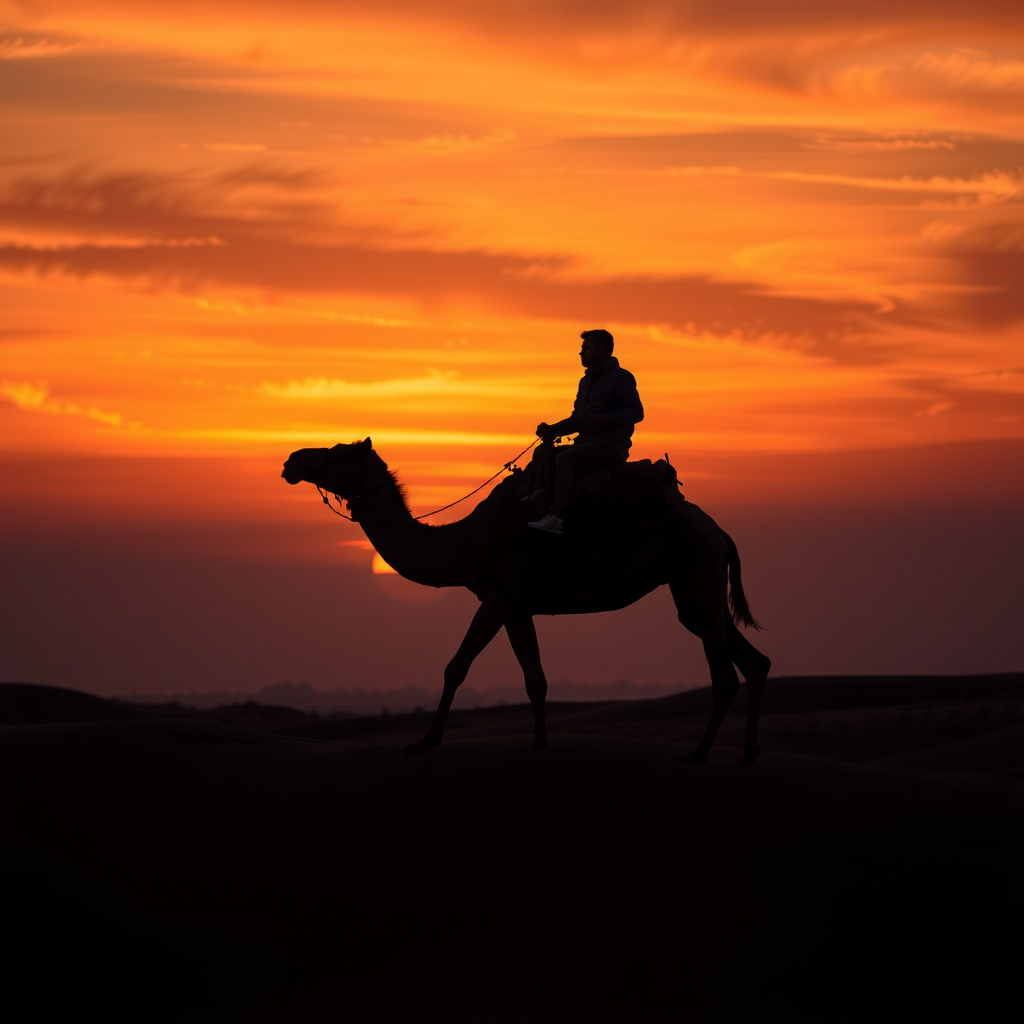 A silhouette of a person riding a camel on a sand dune against a dramatic and colorful sunset sky.