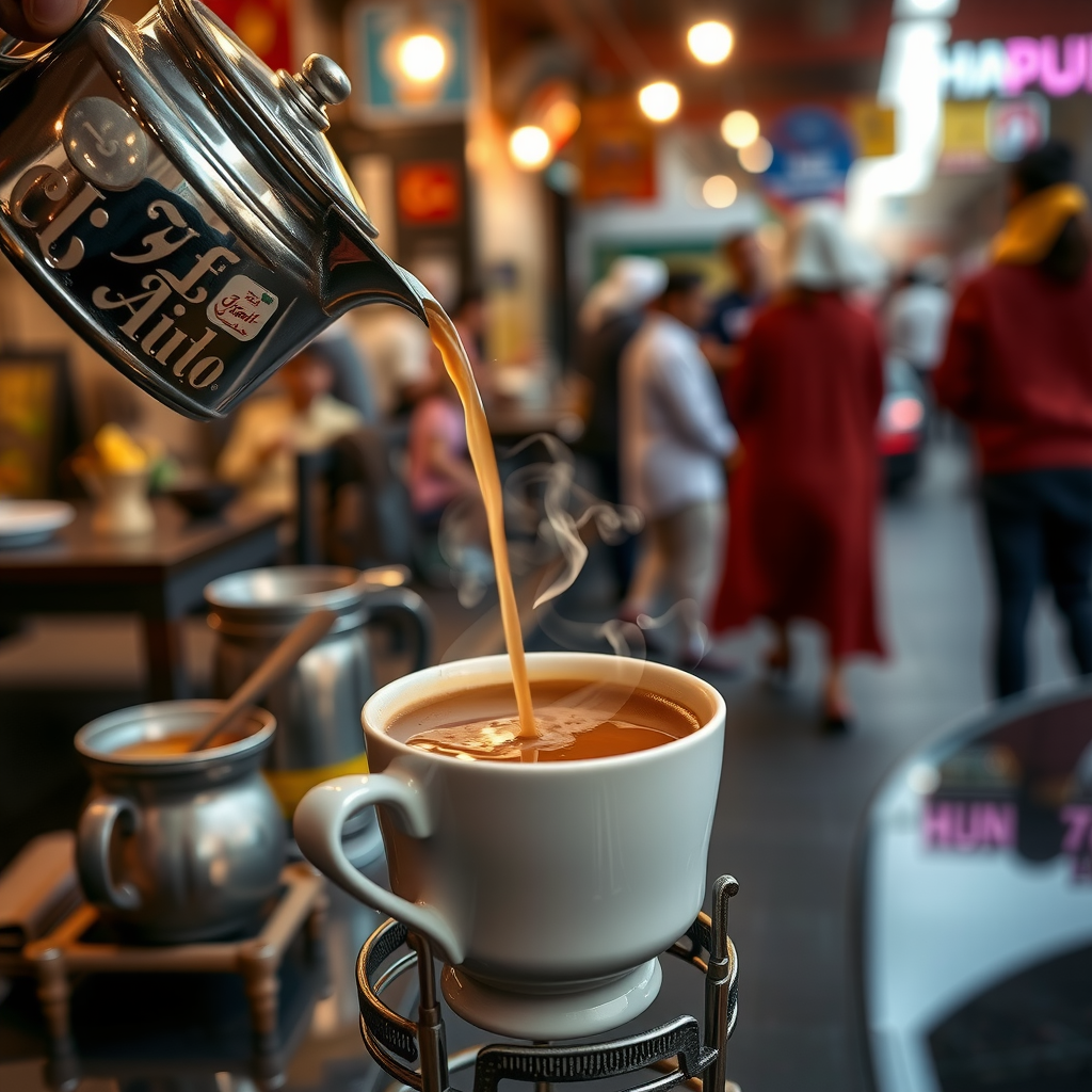 A steaming cup of traditional karak chai being poured from a pot at a local cafe in Abu Dhabi, with a bustling street scene blurred in the background.