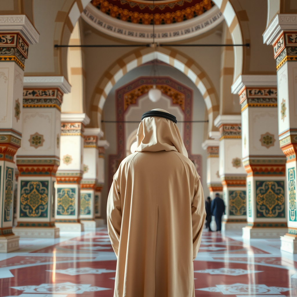 A visitor wearing a traditional abaya provided by the mosque, standing in one of the ornate archways, demonstrating the required respectful attire.