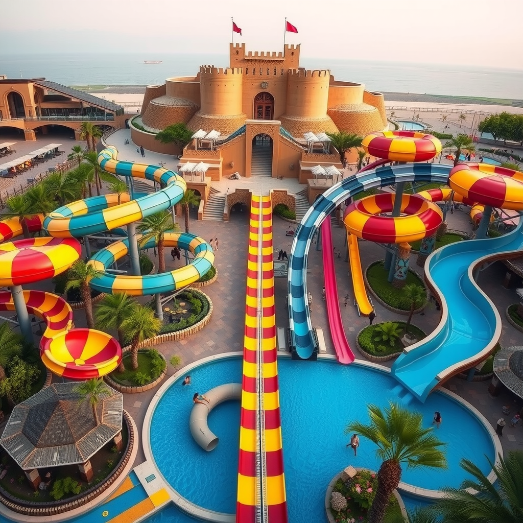 A wide shot of Yas Waterworld, featuring the iconic Jebel Dhana fortress at the top and multiple colorful water slides weaving through the park.