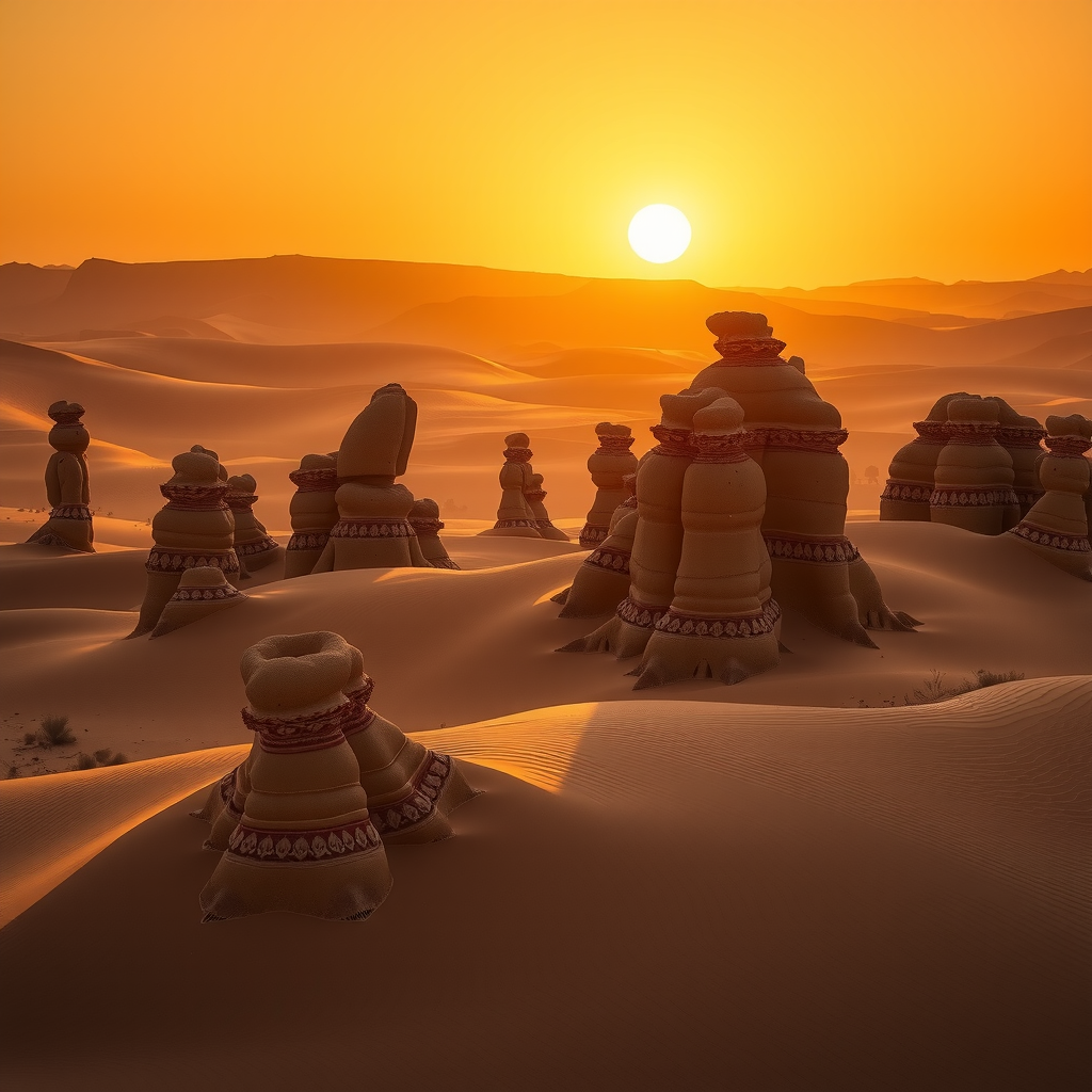 The unique, otherworldly formations of the Al Wathba Fossil Dunes under a golden sunset sky, casting long shadows.