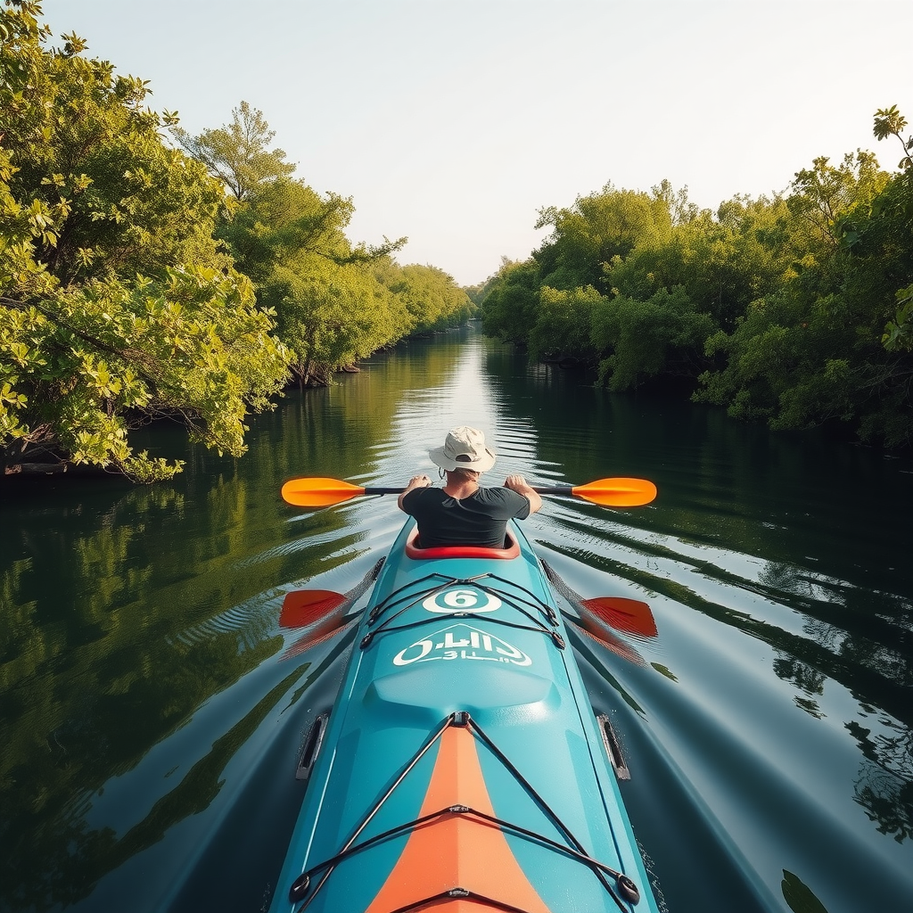 A person kayaking through the tranquil Eastern Mangroves National Park in Abu Dhabi, surrounded by lush greenery.