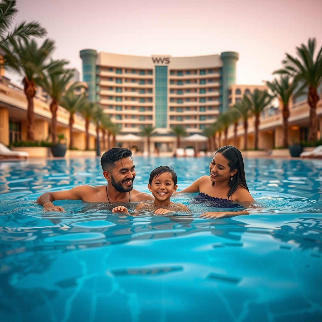 A family enjoying the pool at a luxury hotel on Yas Island, with the iconic W Abu Dhabi hotel visible in the background.