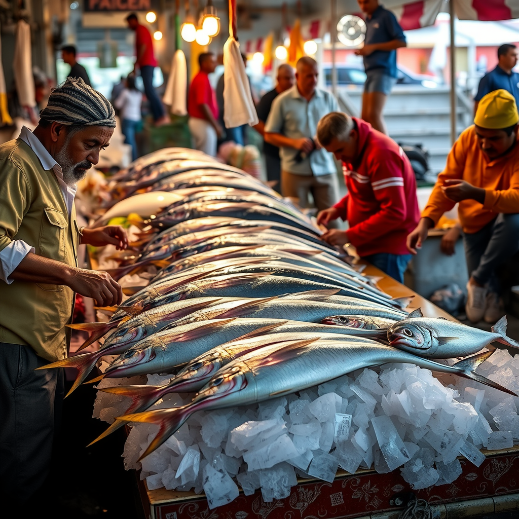 A vibrant, bustling scene at the Mina Fish Market with fishermen displaying their fresh catch of hammour and kingfish on ice.